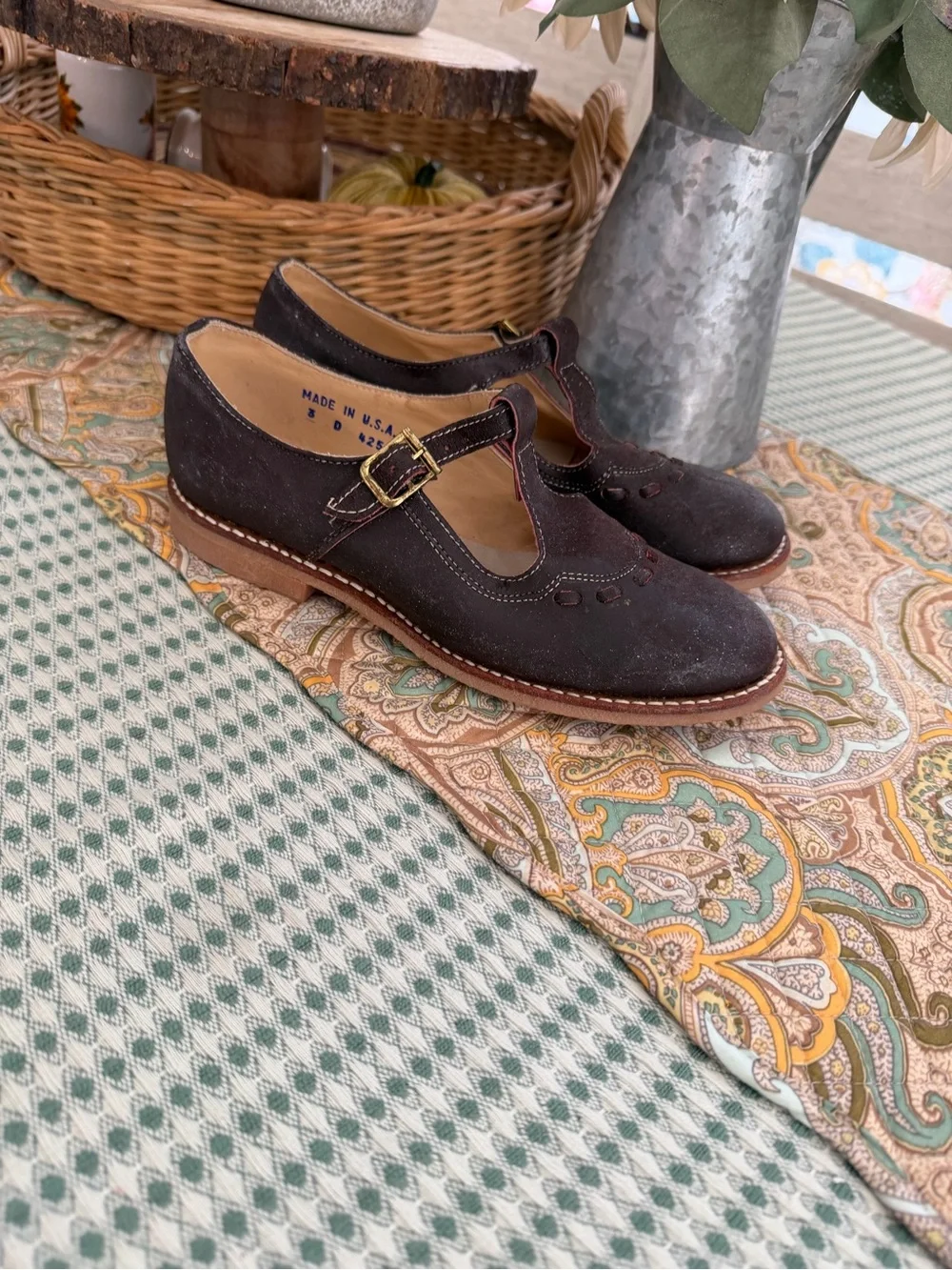 Vintage Handmade Dark Brown Suede Mary Jane Leather Shoes with Buckle Sz 3